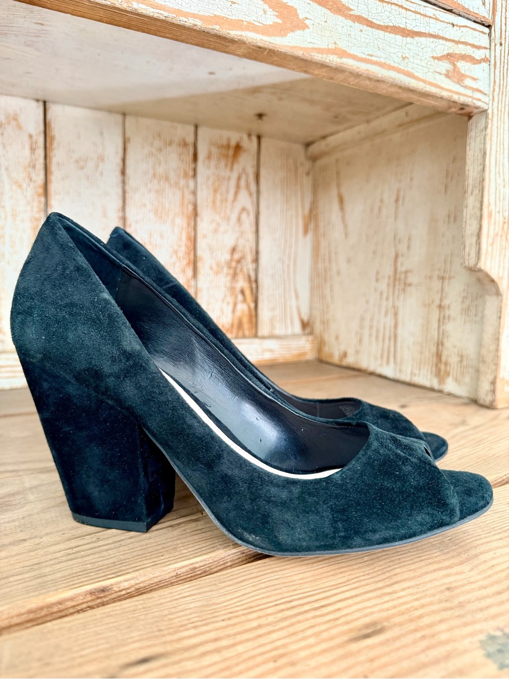 Vince Camuto Dark Green Suede Peep-Toe Block Heel Pumps